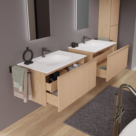 Balmani Forma hängendes Möbelstück Set: 90 x 55 cm, Naturbelassene Eiche, mit Tablo Arcato Einzelwaschtisch, Solid Surface, Weiß matt, Vertikale asymmetrische Runde Rippe