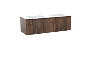 Balmani Forma hängendes Möbelstück Set: 150 x 55 cm, Amerikanischer Nussbaum, mit Tablo Strada Doppelwaschtisch, Marmorkomposit, Weiß matt, Vertikale symmetrische gerade Rippe