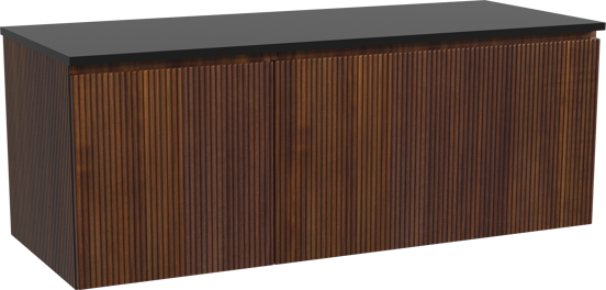 Storke Ribs zwevend badmeubel 130 x 52 cm notenhout met Panton enkel of dubbel wastafelblad in gepoedercoate mdf mat zwart, Verticale symmetrische rechte ribbel