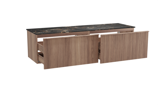 Balmani Forma zwevend badkamermeubel 180 x 55 cm teak met Stretto enkel of dubbel tablet in marmer portoro gold, Verticale symmetrische rechte ribbel