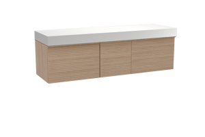 Balmani Forma zwevend badkamermeubel 180 x 55 cm natuur eik met Dominus enkel of dubbel tablet in solid surface mat wit, Horizontale symmetrische rechte ribbel