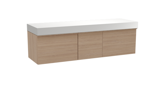 Balmani Forma zwevend badmeubel 180 x 55 cm naturel eiken met Dominus enkel of dubbel wastafelblad in solid surface mat wit, Horizontale symmetrische rechte ribbel