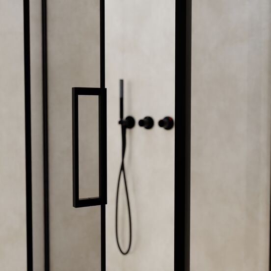 Balmani Senses Design douche en coin avec porte pivotante à gauche et paroi latérale fixe, 100 x 100 cm, Verre transparent, Profil noir
