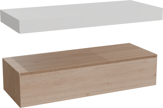 Balmani Mitra Elements zwevend badkamermeubel 135 x 55 cm natuur eik met Dominus enkel of dubbel tablet in solid surface mat wit