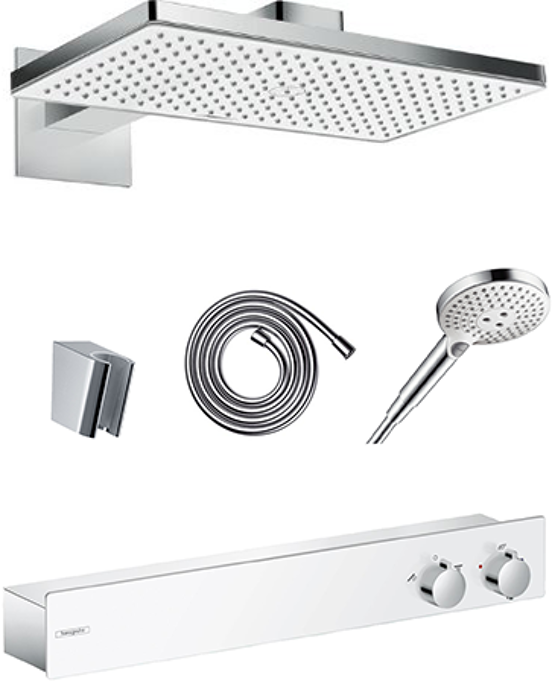 Hansgrohe ShowerWaschtischplatte 600 Unterputz Duschsystem mit Thermostat und rechteckige Kopfbrause 46 x 27 cm, chrom glänzend und weiß