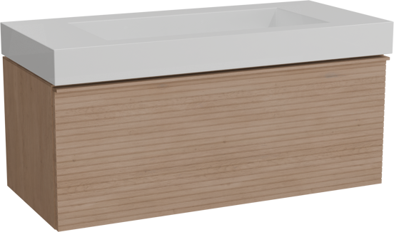 Balmani Forma meuble salle de bains suspendu 120 x 55 cm chêne naturel avec Modus lavabo simple pour 2 trous de robinet en solid surface blanc mat, Nervure droite symétrique horizontale