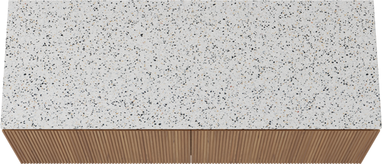 Balmani Eclips hängendes Möbelstück Set: 150 x 55 cm, Teak, mit Stretto Einzel- oder Doppel Waschtischplatte Bianco Nero Terrazzo, Vertikale symmetrische gerade Rippe