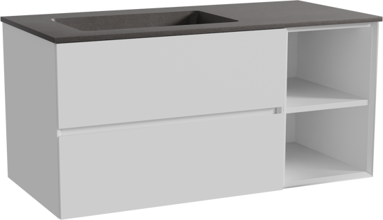 Storke Edge meuble salle de bains suspendu 110 x 52 cm blanc mat avec Scuro plan vasque asymétrique à gauche en quartz noir mat