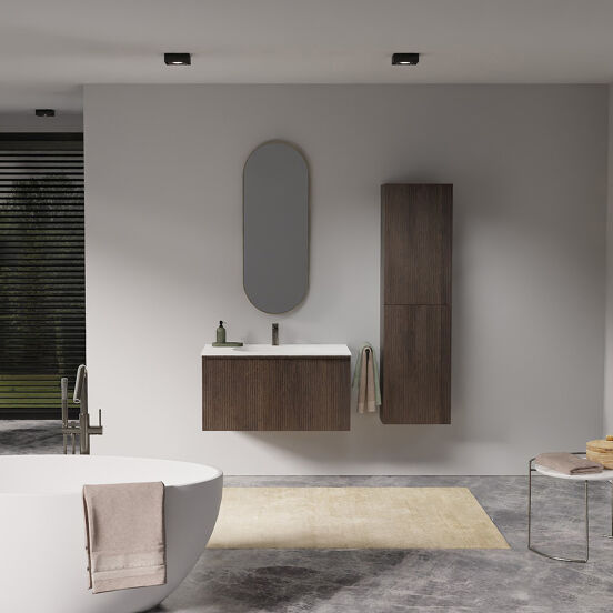 Balmani Forma zwevend badkamermeubel 90 x 55 cm gerookte eik met Tablo Oval enkele wastafel in solid surface mat wit, Verticale symmetrische rechte ribbel