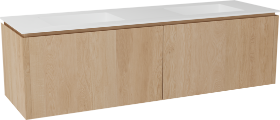 Balmani Eclips zwevend badkamermeubel 180 x 55 cm Natuur eik met Tablo Stretto dubbele wastafel in Solid Surface mat wit