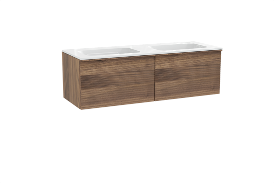 Balmani Forma zwevend badkamermeubel 150 x 55 cm amerikaanse notelaar met Tablo Strada dubbele wastafel in composietmarmer glanzend wit, Horizontale symmetrische rechte ribbel