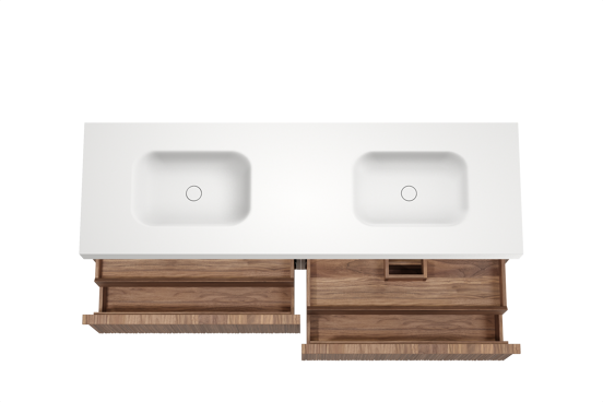 Balmani Forma zwevend badkamermeubel 180 x 55 cm amerikaanse notelaar met Arcato dubbele wastafel in solid surface mat wit, Verticale asymmetrische ronde ribbel