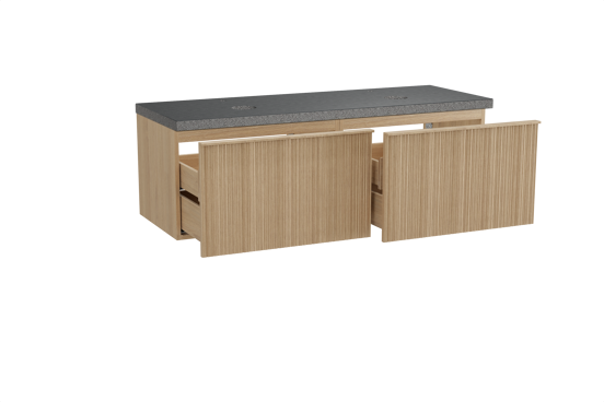 Balmani Forma zwevend badmeubel 150 x 55 cm naturel eiken met Rock dubbel wastafelblad in zwart graniet, Verticale asymmetrische ronde ribbel