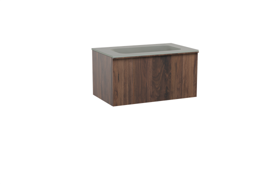Balmani Forma zwevend badkamermeubel 90 x 55 cm amerikaanse notelaar met Tablo Strada enkele wastafel in composietmarmer zijdegrijs, Verticale symmetrische rechte ribbel