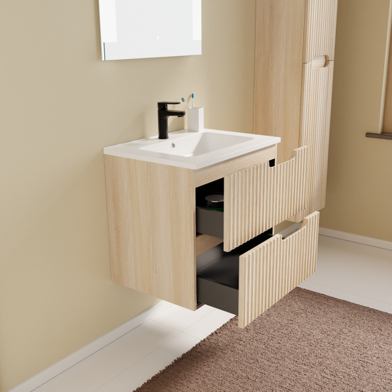 Linie Ribbo meuble salle de bains suspendu 60 x 46 cm chêne clair avec Vano plan simple en marbre composite blanc brillant, Nervure circulaire symétrique verticale