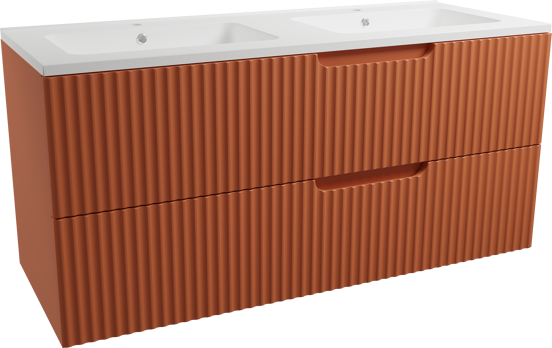 Linie Ribbo meuble salle de bains suspendu 120 x 46 cm cotto avec Vano double vasque en marbre composite blanc mat, Nervure circulaire symétrique verticale
