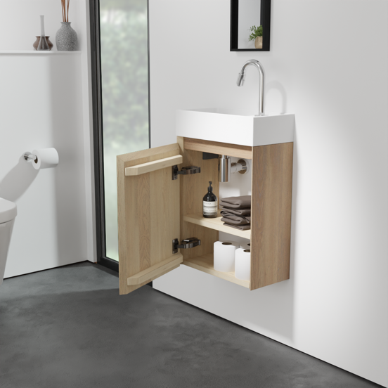 Balmani Mitra hängendes WC-Möbel-Set, 42 x 21 cm, Eiche Natur, mit Dama Waschtisch in mattem Solid Surface