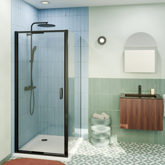 Luca Varess Vidor In Eckdusche: Drehtür und fixierte, Seitenwand, 90 x 90 cm, Klarglas, mattschwarzes Profil