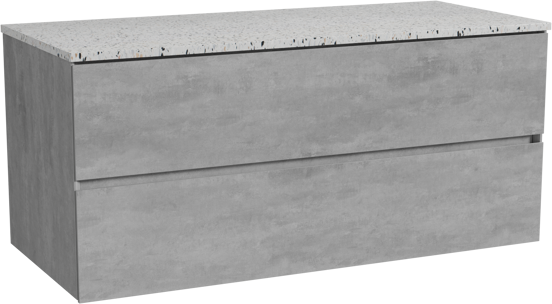 Storke Edge meuble salle de bains suspendu 120 x 52 cm béton gris foncé avec Tavola tablette simple ou double en blanc/noir mat terrazzo