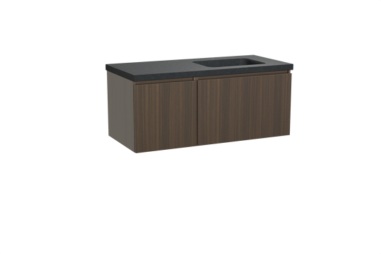 Balmani Sfera meuble salle de bains suspendu 120 x 55 cm eucalyptus avec Napoli plan vasque asymétrique à droite en granit noir