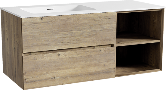 Storke Edge meuble salle de bains suspendu 120 x 52 cm chêne brut avec Mata plan vasque asymétrique à gauche en solid surface blanc mat
