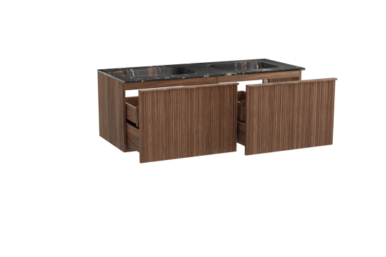 Balmani Forma zwevend badkamermeubel 135 x 55 cm amerikaanse notelaar met Tablo Arcato dubbele wastafel in marmer portoro gold, Verticale asymmetrische ronde ribbel