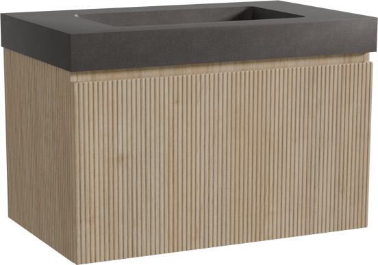 Storke Ribs meuble salle de bains suspendu 85 x 52 cm chêne brut avec Scuro High plan simple en quartz noir mat, Nervure droite symétrique verticale