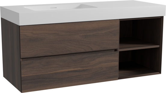 Storke Edge zwevend badmeubel 130 x 52 cm notenhout met Mata High asymmetrisch linkse wastafel in solid surface mat wit