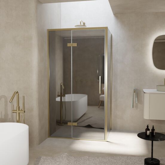 Balmani Senses Design douchehoek met linkse draaideur en vaste zijwand, 100 x 80 cm, Reflex spiegelglas, Brushed Champagne Gold profielen, met coating