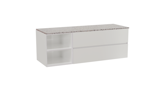 Storke Edge meuble salle de bains suspendu 150 x 52 cm blanc brillant avec Tavola tablette simple ou double en blanc/noir mat terrazzo