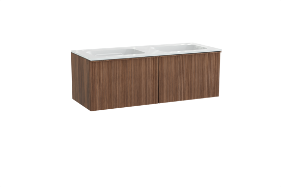 Balmani Forma zwevend badkamermeubel 135 x 55 cm amerikaanse notelaar met Tablo Strada dubbele wastafel in composietmarmer glanzend wit, Verticale asymmetrische ronde ribbel