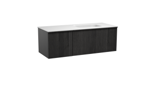 Balmani Forma zwevend badkamermeubel 135 x 55 cm zwarte eik met Tablo Arcato asymmetrisch rechtse wastafel in solid surface mat wit, Verticale symmetrische rechte ribbel