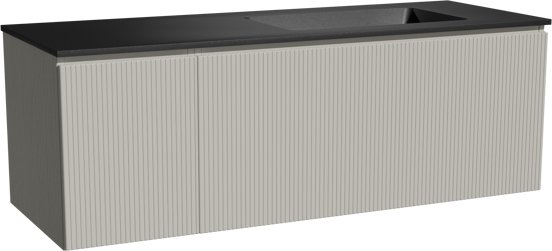 Storke Ribs zwevend badmeubel 140 x 52 cm zijdegrijs met Scuro asymmetrisch rechtse wastafel in kwarts mat zwart, Verticale symmetrische rechte ribbel
