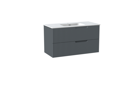 Linie Ribbo meuble salle de bains suspendu 100 x 46 cm bleu anthracite avec Baro plan simple en porcelaine blanc brillant, Nervure circulaire symétrique verticale
