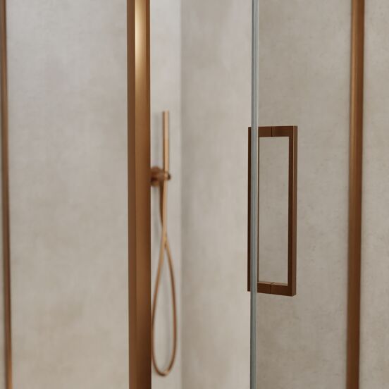 Balmani Senses Design douchecabine met rechtse draaideur en vaste zijwand, 90 x 90 cm, Helder glas, Brushed Rosegold profielen