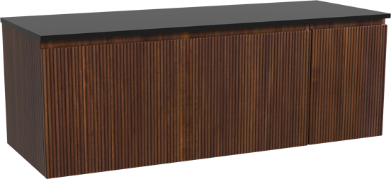 Storke Ribs zwevend badkamermeubel 140 x 52 cm notelaar met Panton enkel of dubbel tablet in gepoedercoate mdf mat zwart, Verticale symmetrische rechte ribbel