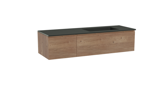 Storke Edge zwevend badkamermeubel 150 x 52 cm ruwe eik met Scuro asymmetrisch rechtse wastafel in kwarts mat zwart
