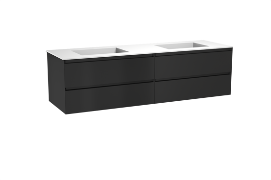 Balmani Mitra hängendes Möbelstück Set: 180 x 55 cm, Schwarz matt, mit Tablo Stretto Doppelwaschtisch, Solid Surface Weiß matt