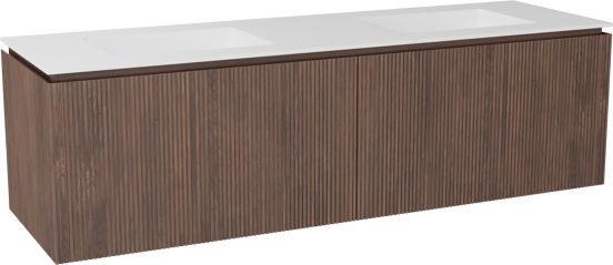 Balmani Eclips zwevend badkamermeubel 180 x 55 cm Amerikaanse notelaar met Tablo Stretto dubbele wastafel in Solid Surface mat wit, Verticale symmetrische rechte ribbel