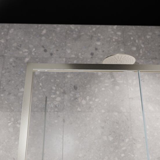 Balmani Senses Design Eckdusche: Schiebetür (Rechts) mit fixierte Seitenwand, 120 x 90 cm, Klarglas mit mattiertem Streifen, Profil Brushed CoolMetal