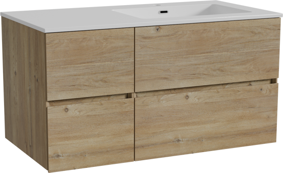 Storke Edge zwevend badmeubel 100 x 52 cm ruw eiken met Diva asymmetrisch rechtse wastafel in composietmarmer hoogglans wit