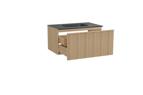 Balmani Forma zwevend badkamermeubel 90 x 55 cm natuur eik met Tablo Arcato enkele wastafel in graniet zwart, Verticale asymmetrische ronde ribbel