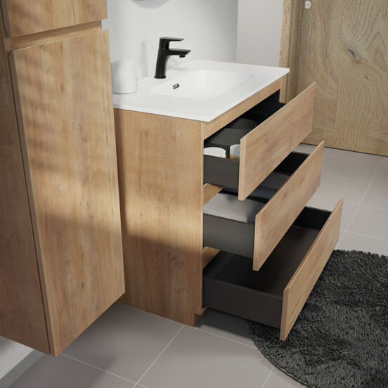 Linie Lado freistehendes Möbelstück Set: 80 x 46 cm, Naturbelassene Eiche, mit Baro Einzelwaschtisch, Porzellan Weiß matt