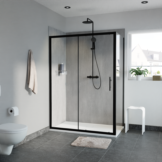 Linie Cadiz douchehoek met schuifdeur en vaste zijwand, 140 x 70 cm, helder glas, zwarte profielen