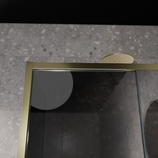 Balmani Senses Design douche en coin avec porte coulissante à droite et paroi latérale fixe, 140 x 100 cm, Miroir Reflex, Profil Brushed Champagne Gold