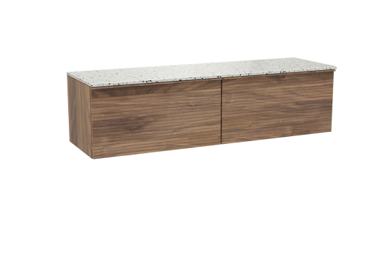 Balmani Forma zwevend badkamermeubel 180 x 55 cm amerikaanse notelaar met Stretto enkel of dubbel tablet in mat wit/zwart terrazzo, Horizontale symmetrische rechte ribbel