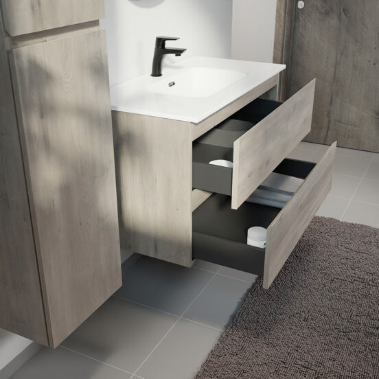 Linie Lado meuble salle de bains suspendu 90 x 46 cm chêne gris avec Baro plan simple en porcelaine blanc brillant