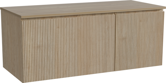 Storke Ribs zwevend badkamermeubel 120 x 52 cm ruwe eik met Panton enkel of dubbel tablet in melamine ruwe eik, Verticale symmetrische rechte ribbel