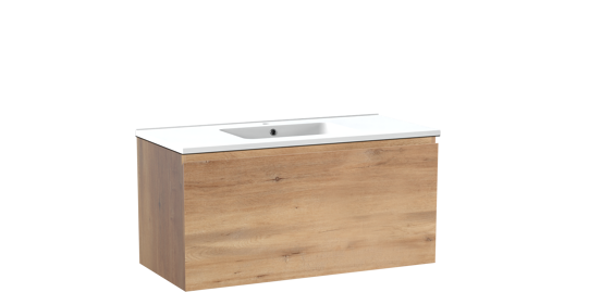 Linie Lado hängendes Möbelstück Set: 100 x 46 cm, Naturbelassene Eiche, mit Vano Einzelwaschtisch, Marmorkomposit Weiß matt