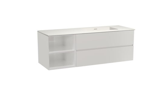 Storke Edge zwevend badmeubel 150 x 52 cm hoogglans wit met Mata asymmetrisch rechtse wastafel in solid surface mat wit